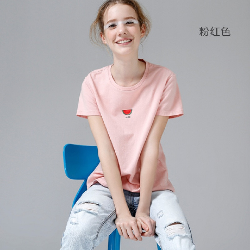 初语2018夏季新款西瓜字母印花短袖圆领T恤女宽松大码薄上衣 XS 粉红色