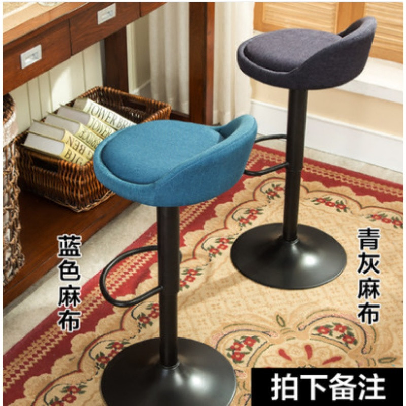 欧式铁艺吧台椅升降椅子收银靠背旋转现代简约酒吧椅高脚凳子家用_1 蓝色/青灰麻布+黑脚