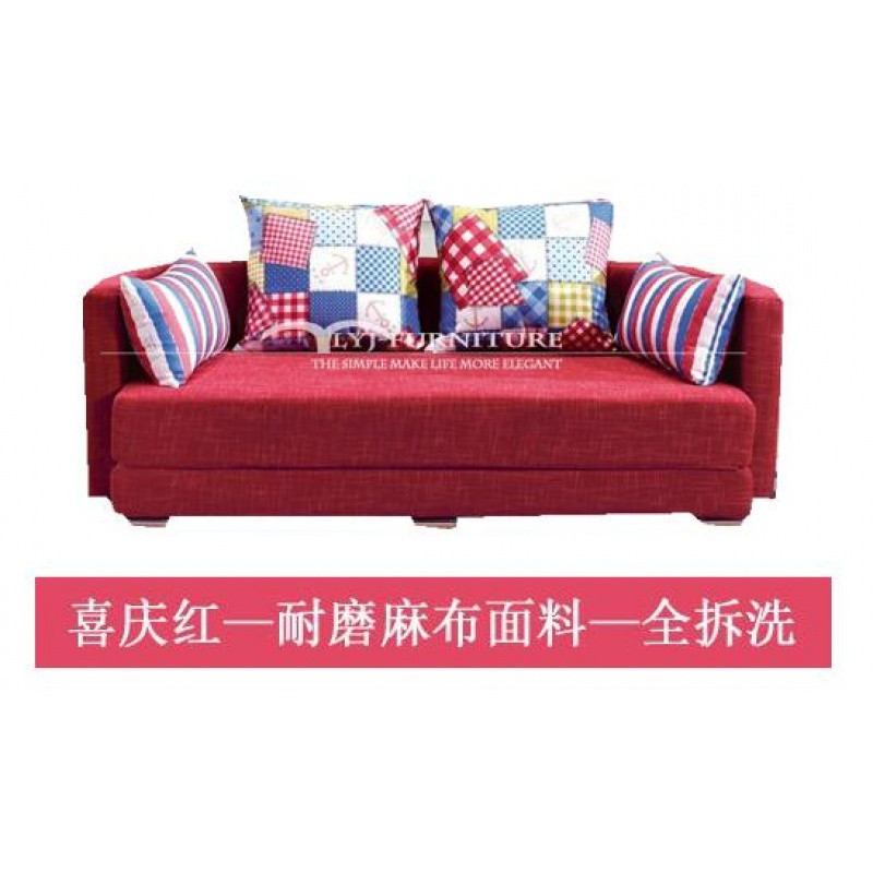 圆形折叠布艺简约沙发1.5/1.8米客厅多功能可拆洗沙发书房沙发床_7 喜庆红(花枕）