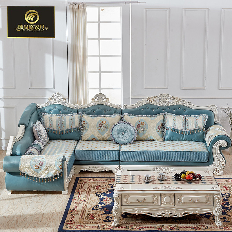 欧式沙发组合布艺贵妃转角沙发大小户型简约现代实木雕刻客厅家具_7 尊贵蓝科技布