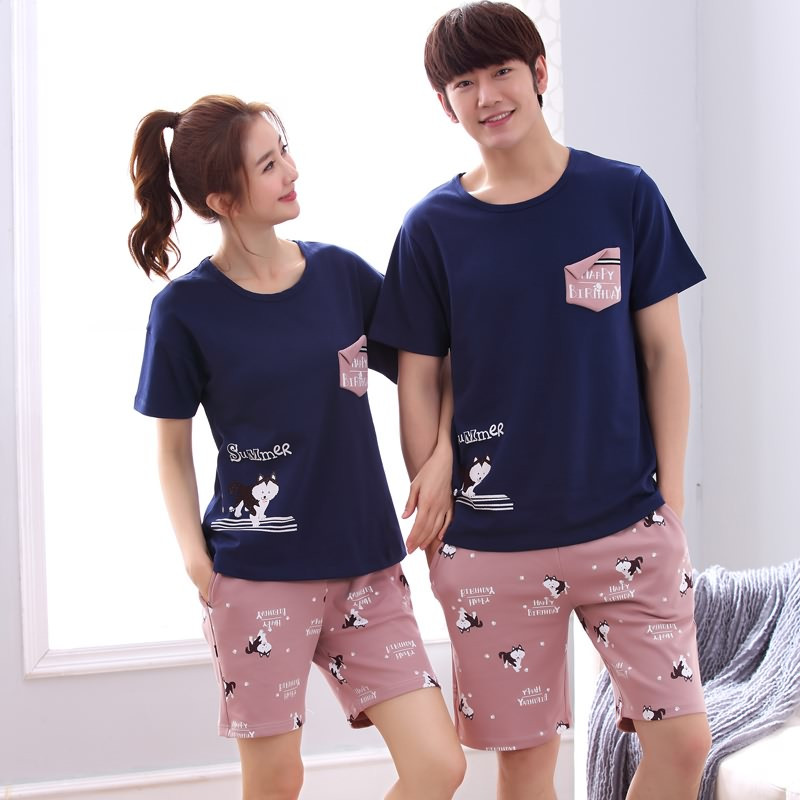 茵珠麗YinZhuli 2018新款夏季纯棉可外穿短袖短裤情侣服睡衣 夏天全棉韩版男女士居家服套装9012 女款L码 1号款