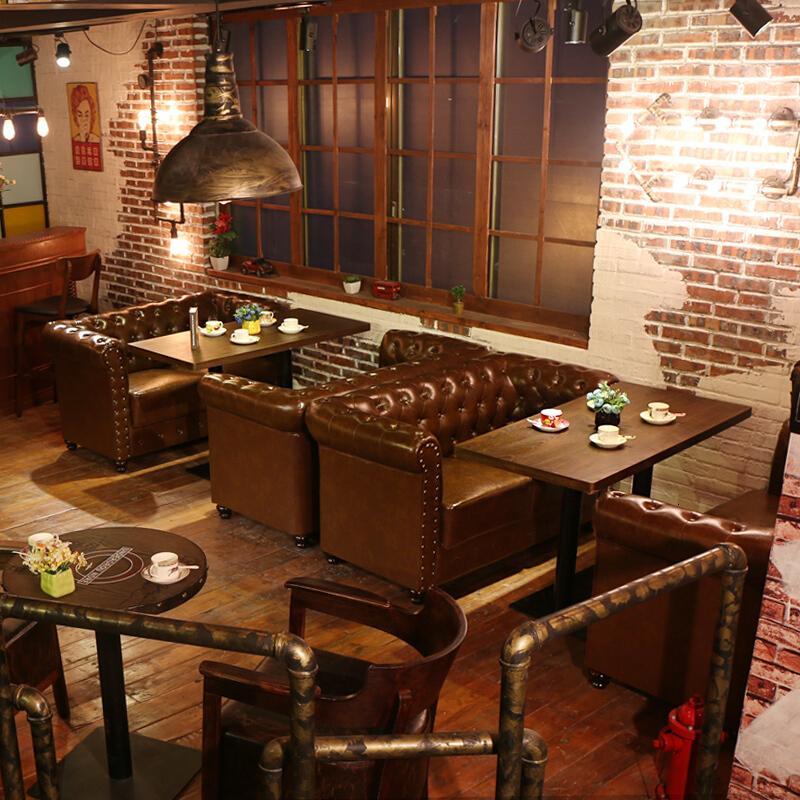 淮木美式复古西餐厅咖啡厅双人卡座沙酒吧奶茶店甜品店沙桌椅组合_7 咖啡色三人位：190*70*75