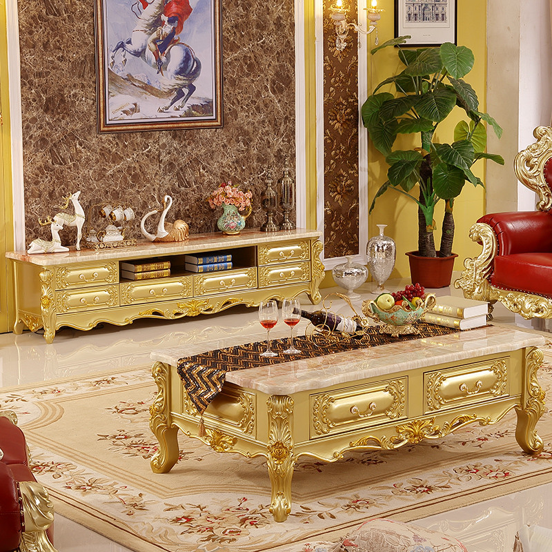 欧式大理石茶几香槟金实木茶几抽屉储物茶几客厅电视柜茶几组_6 1.3*0.8米【天然石】