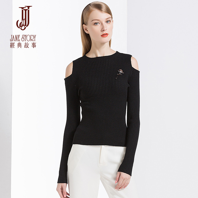 经典故事女装季2018新款露肩时尚针织衫女士套头修身长袖毛衫 155/80A/S R05黑色