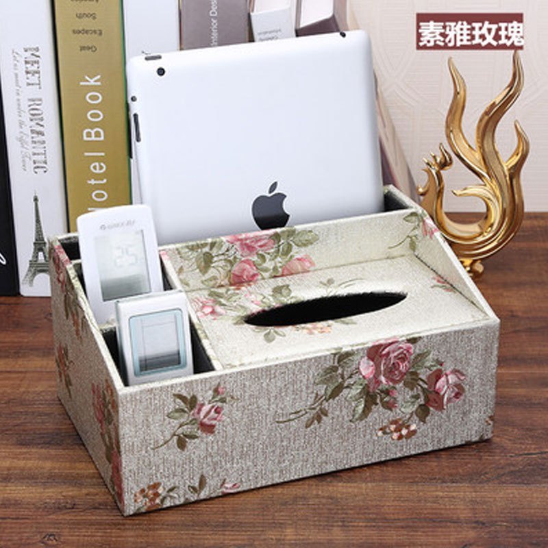 欧式纸巾盒多功能桌面抽纸盒创意皮革纸抽盒客厅茶几遥控器收纳盒植物花卉印花家庭家用收纳盒子纸_4 素雅玫瑰一体色