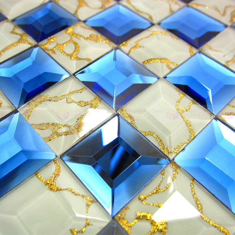 【潘朵拉】水晶玻璃马赛克背景墙蓝镜白底金龙拼图瓷砖地中海风格 30×30 30蓝镜白底金龙
