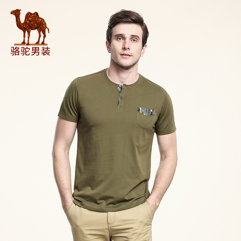 CAMEL 骆驼男装 夏季针织布嵌线贴条青年门筒领圆领日常休闲男士T恤 L 军绿