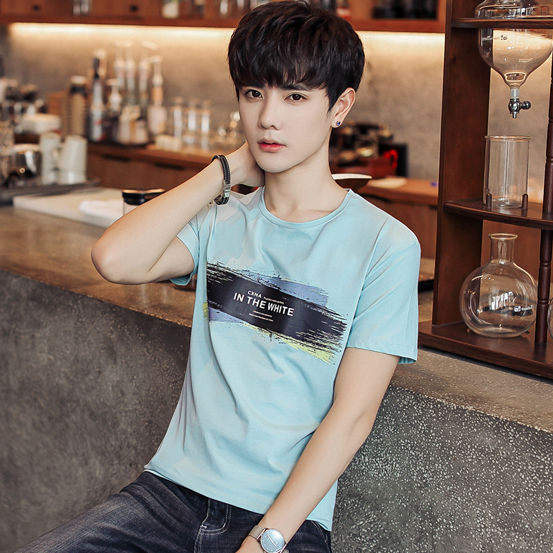 太子龙正品男装2018夏季新款男士短袖T恤夏季潮学生体恤圆领修身印花半袖丅恤打底衫 L 天蓝色