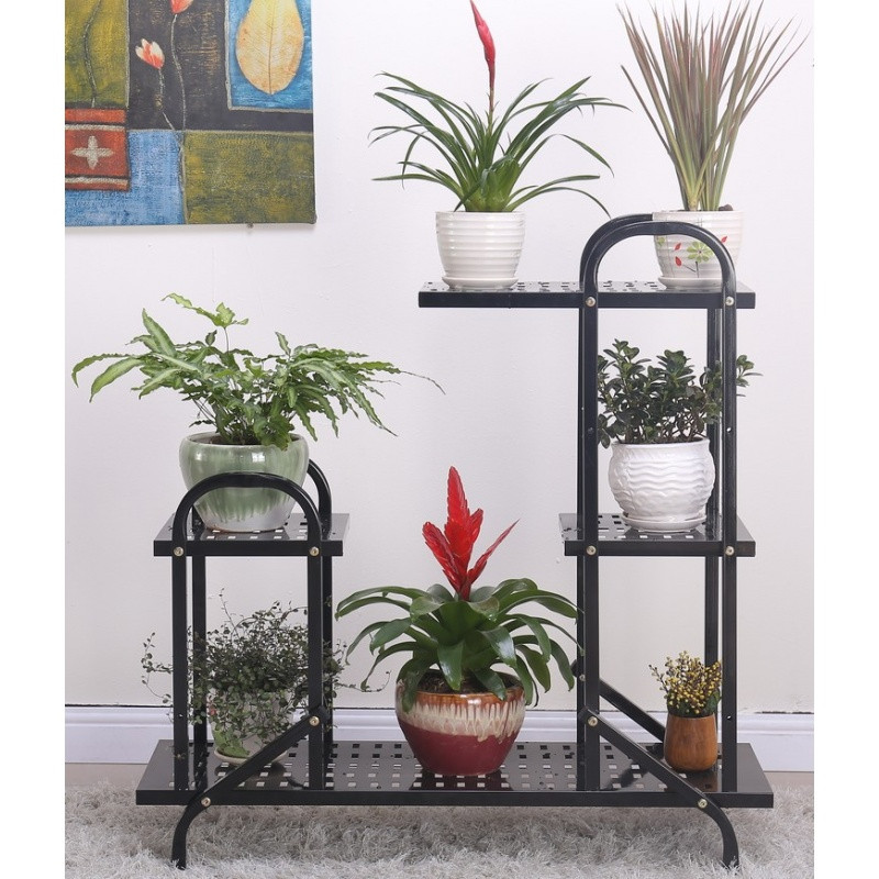 欧式花架铁艺多层花架阳台客厅室内盆景花架绿萝吊兰花架多层花架_9 典雅黑E款