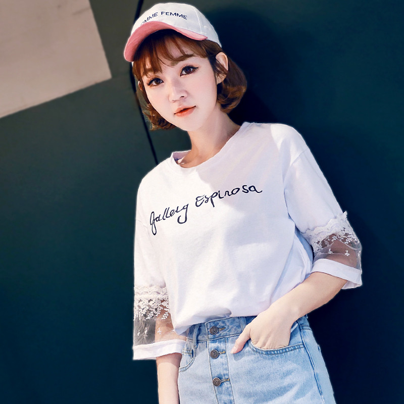 韩都衣舍2018夏装新款女装韩版宽松蕾丝字母拼接短袖T恤DL9809喆_1 M 白色