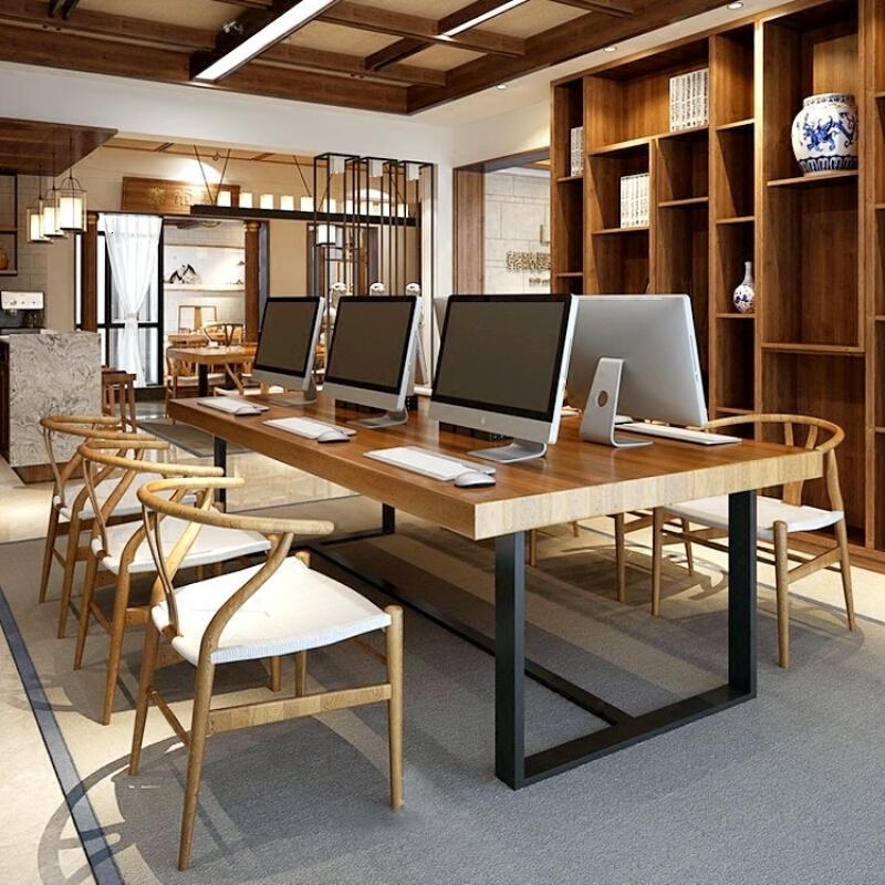 淮木美式loft实木办公桌椅工作台简约现代会议桌长桌办公家具工业风_1_0 现货120*60*75*5公分促销价