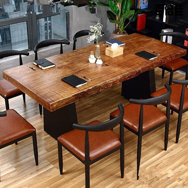 新款创意美式复古铁艺餐桌工业风格长方桌子实木家具大工作台办公会议桌 160*70*75松木8公分