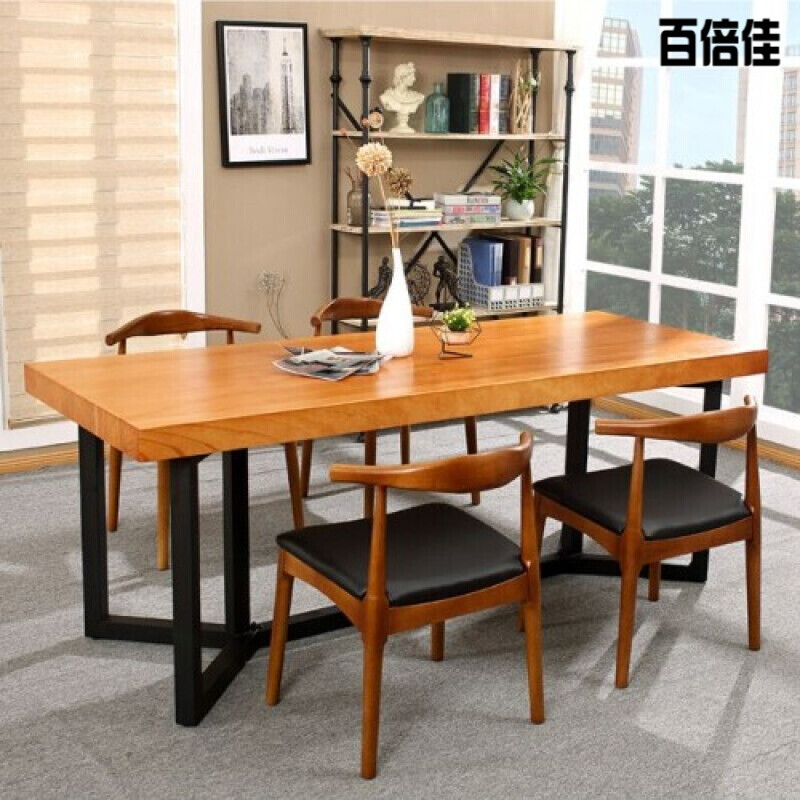 新款创意loft简约铁艺长条桌会议桌电脑桌工业风餐桌椅实木长桌办公桌家具300*100*7 180*80*75实木板厚8公分