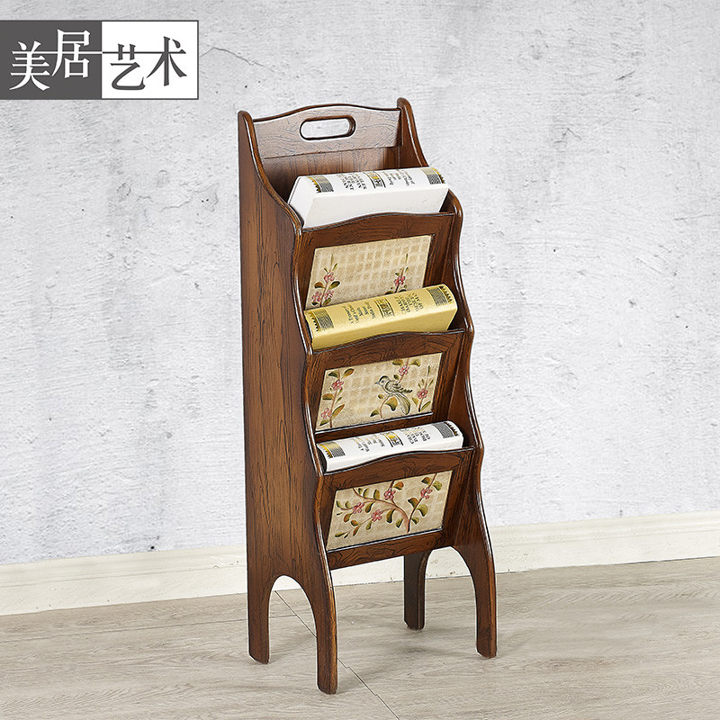 美式乡村书报杂志架欧式复古实木壁挂简约客厅移动落地报刊置物架_6 木色花鸟手绘