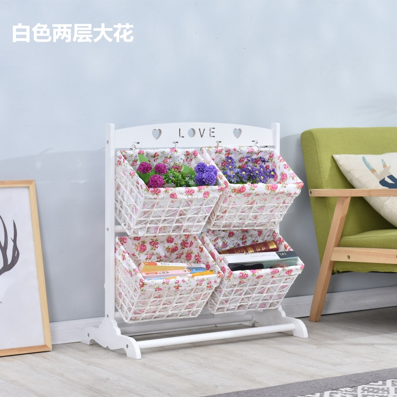 实木置物架玩具收纳架卧室客厅现代通用书报架藤编多层储物吊篮落_8 双排白色两层大花