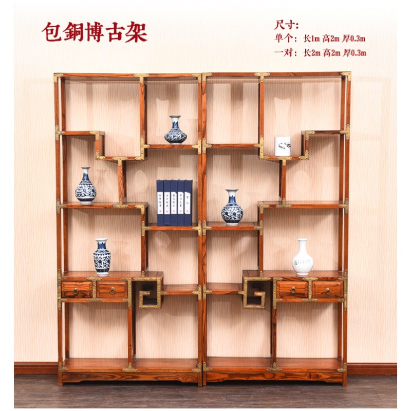 博古架隔断中式仿古实木南榆木客厅玄关置物架展示柜书架多宝阁_6 包铜博古架