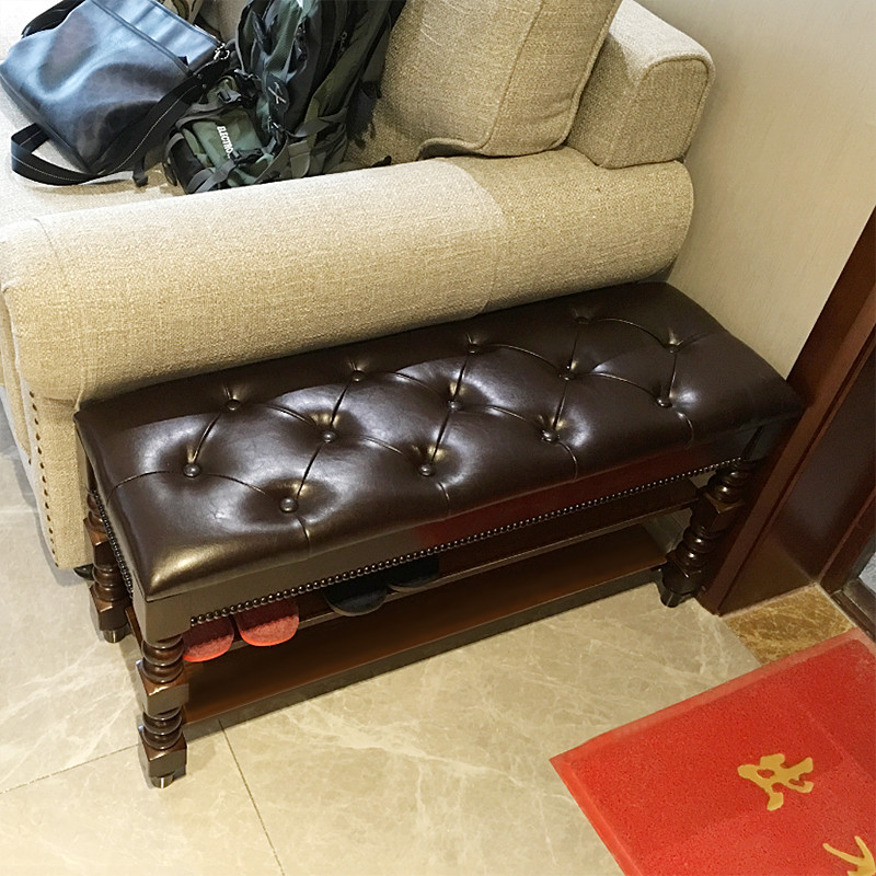 门口换鞋凳鞋柜美式实木真皮凳收纳凳欧式拉扣储物凳多层穿鞋凳子_5 胡桃色+棕色真皮翻盖80*35*48拉扣款