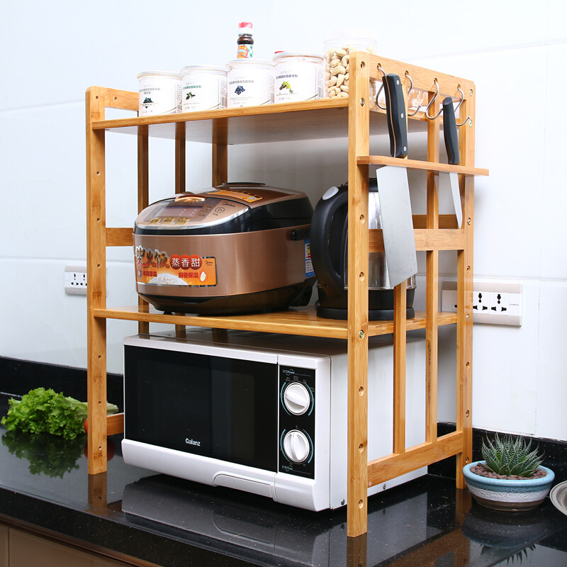 竹木厨房置物架微波炉架子台面2层3层烤箱架收纳储物架调料架用品_9 双层60长+5钩+刀架
