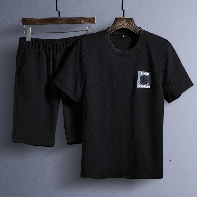 富贵鸟(FUGUINIAO)运动套装男夏季跑步服装 健身短袖短裤 T恤五分裤运动服套装 XL D84黑色