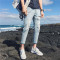 九分牛仔裤男破洞裤子9分小脚修身乞丐港风bf韩风chic韩版ins同款 33 NK01浅灰色