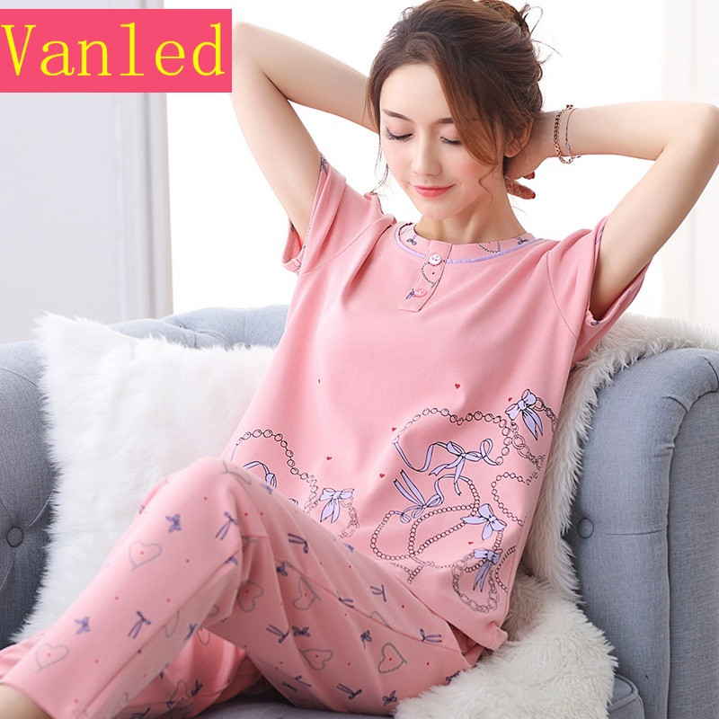 睡衣女夏纯棉短袖长裤中年妈妈款套装夏天中老年妇女两件套家居服_6 XXL A5839