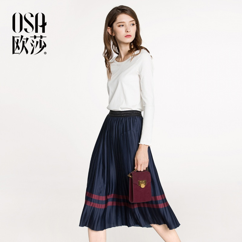 OSA欧莎2018春夏松紧腰显瘦条纹撞色中长裙A字高腰百褶雪纺半身裙_1 S 藏蓝色