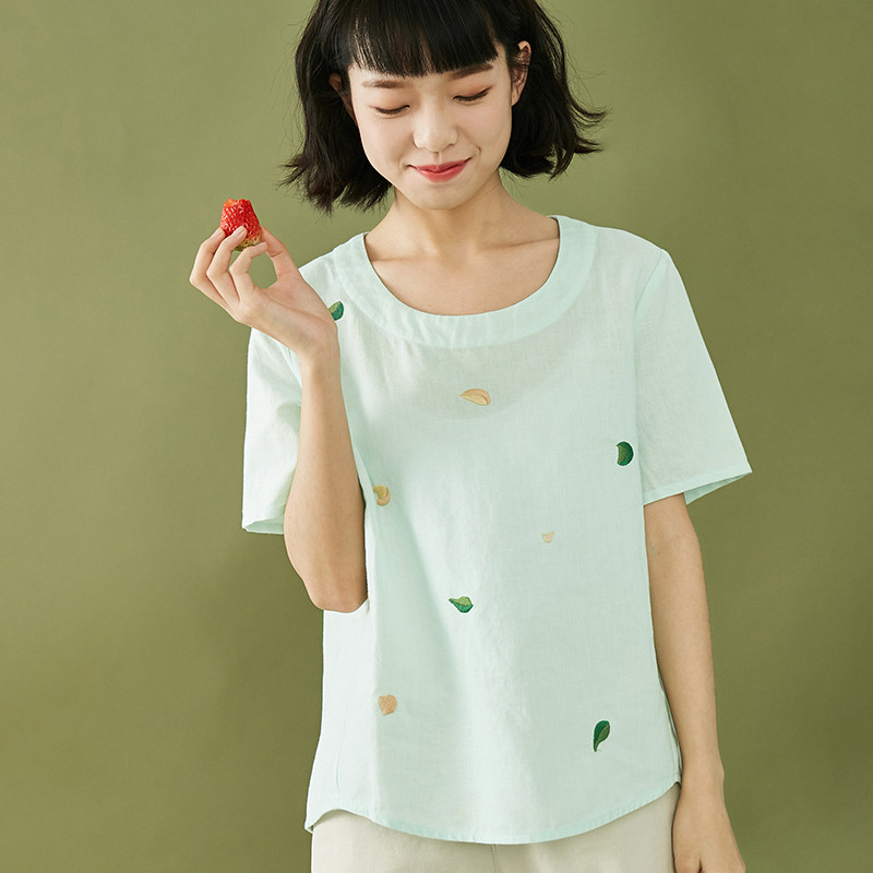 素缕夏装2018新款女装宽松百搭显瘦棉麻绣花白色T恤女FS7202喨 L 浅绿