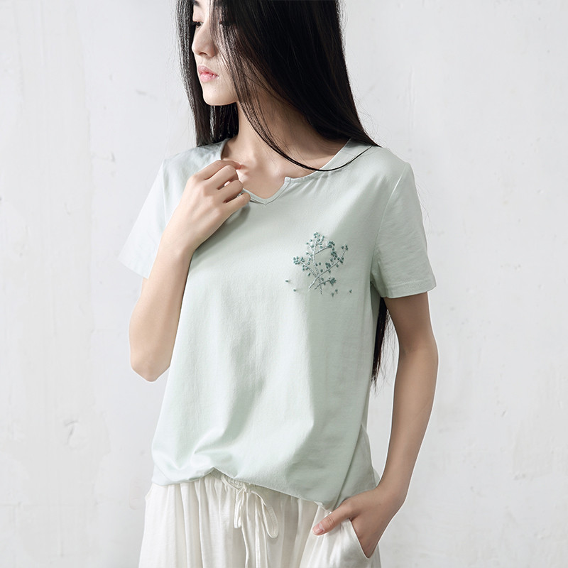 素缕夏装2018新款女装文艺绣花短袖T恤女内搭上衣女QS7249鶭 XL 浅绿色