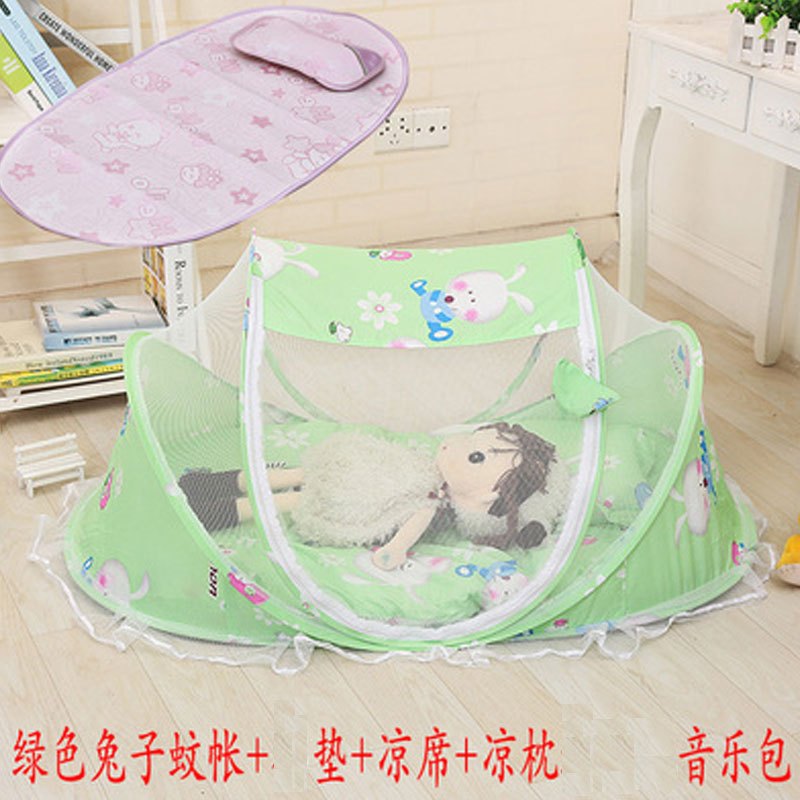可爱卡通婴儿蚊帐罩宝宝蚊帐新生儿童蒙古包可折叠蚊帐小孩蚊帐罩男女宝宝床上用品 见详情 绿蚊帐+垫被+凉席+凉枕+音乐包