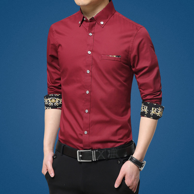富贵鸟男长袖修身商务休闲衣服免烫休闲衬衣81730 M 酒红色
