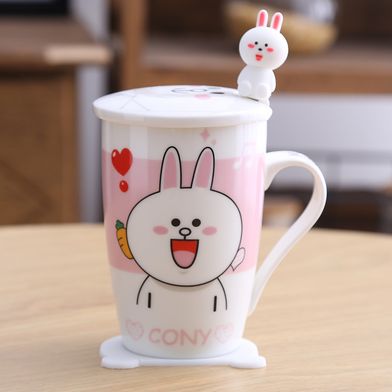 创意陶瓷杯子马克杯情侣水杯咖啡杯牛奶杯儿童卡通杯早餐杯带盖勺生活日用水具水壶带盖冷水壶水具_9_0 兔子A款（配公仔勺）