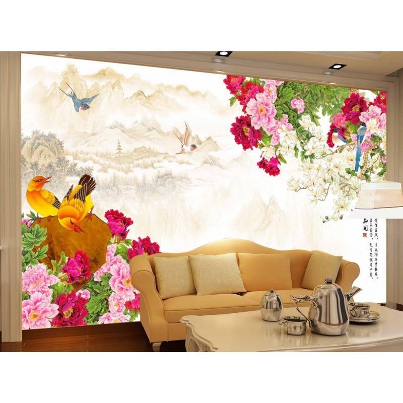 无缝大型3D客厅沙电视背景墙墙纸花开富贵牡丹花鸟壁纸_6_1 时尚艺术宣绒布（拼接）
