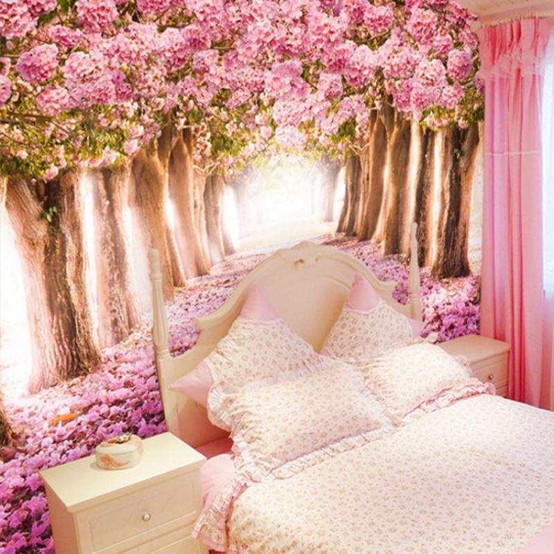 大型壁画樱花墙纸3d立体个性墙纸壁纸电视卧室床头粉色温馨背景墙_1_1 时尚艺术宣绒布（拼接）