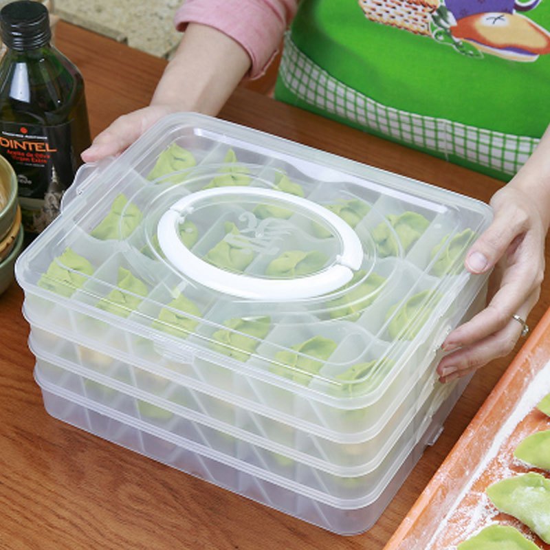 速冻饺子盒冰箱收纳盒冷冻不粘保鲜盒可微波混沌盒水饺托盘多功能生活日用收纳用品时尚创意简约夹_6_5 白色4层一套