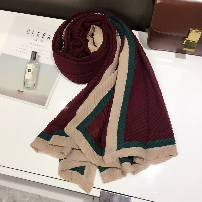 2018新款围巾女春秋韩版长款加大旅游防晒披肩两用沙滩巾春秋纱巾_9_6 褶皱-酒红色