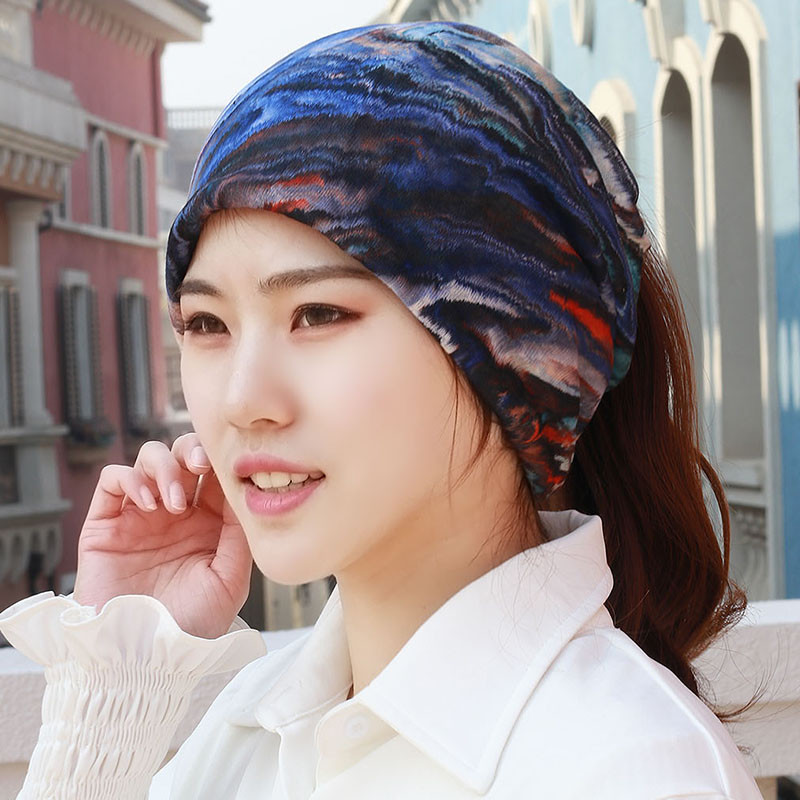 帽子女春夏韩版多功能头巾帽包头套头帽脖套帽印花堆堆帽扎马尾帽_11 夏款蓝山
