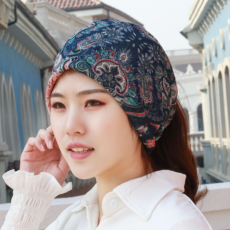 帽子女春夏韩版多功能头巾帽包头套头帽脖套帽印花堆堆帽扎马尾帽_11 夏款蓝调