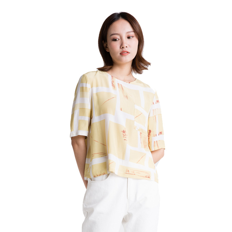 Aline/阿莱2018夏季新款时尚宽松百搭五分袖格子衬衫 AHC2029 M 黄色