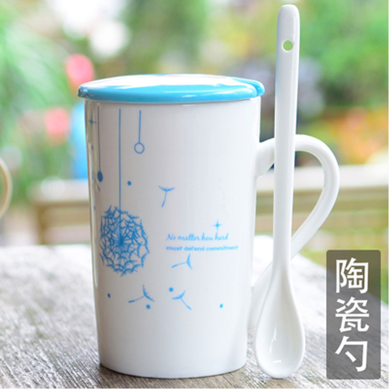 400ML创意情侣早餐杯办公马克杯大容量咖啡牛奶杯子陶瓷水杯可爱带盖勺纯色印花可爱水杯水具_9 蓝色蒲公英（瓷盖瓷勺）