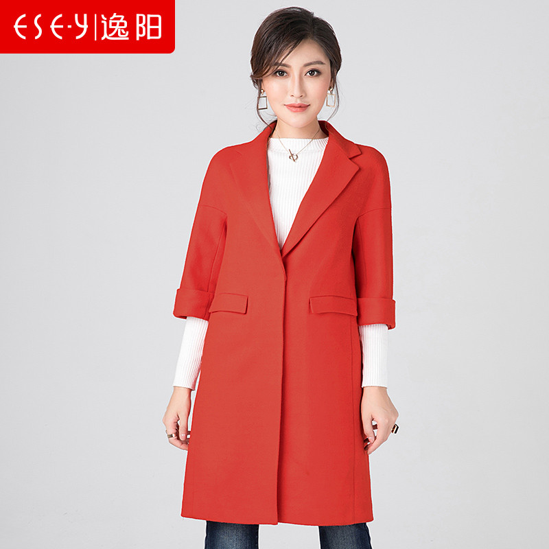 2018春季女装新款韩版宽松时尚五分中袖长款毛呢大衣女清仓1302_1 M 红色