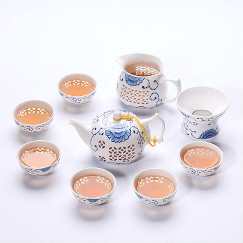 玲珑茶具套装镂空陶瓷功夫茶具整套蜂窝青花瓷茶杯多色多款生活日用家庭清洁生活日用家居器皿水_7 10头玲珑半边花茶壶