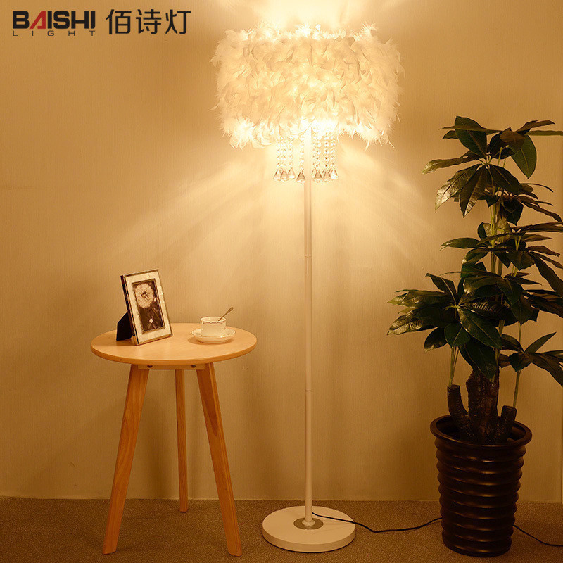 水晶羽毛落地灯客厅书房卧室床头灯简约现代遥控温馨公主装饰台灯1523323957276 白色浓密羽毛不带水晶+脚踏开关+7W七彩变光