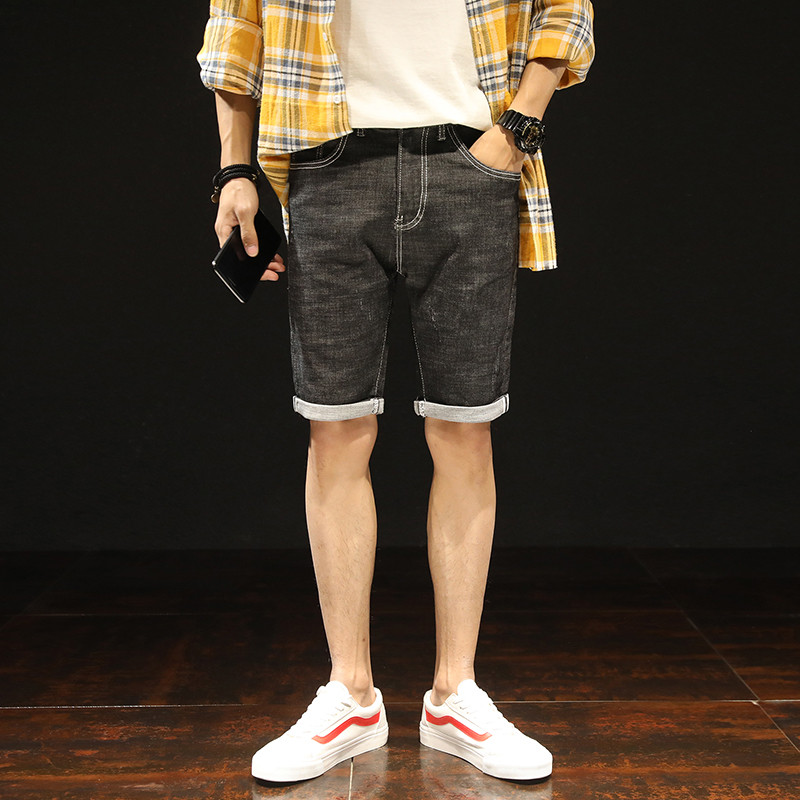 富贵鸟牛仔短裤男士2018春夏季新款修身宽松舒适卷边高弹力青少年休闲直筒短裤五分中裤韩版潮流8951 36(2尺9) 黑色