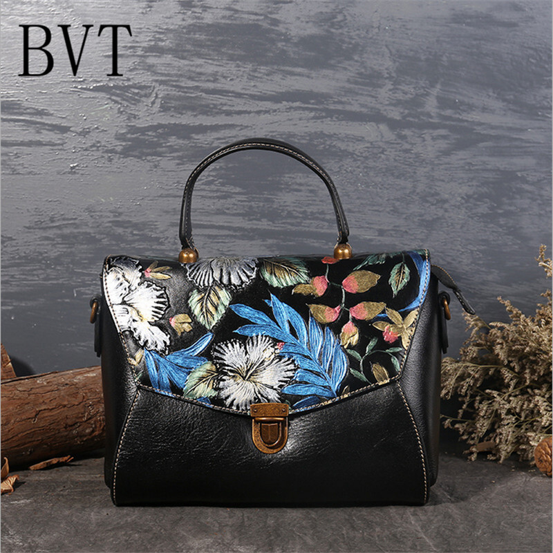 BVT时尚手提包包欧美真皮女包手绘女士单肩斜跨包波士顿戴妃包蓝色 默认颜色
