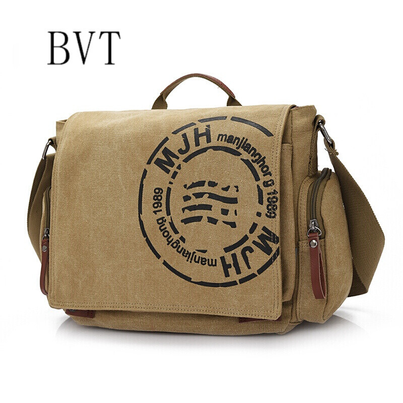 BVT单肩包男休闲帆布复古单肩斜挎时尚翻盖男士包包 卡其色