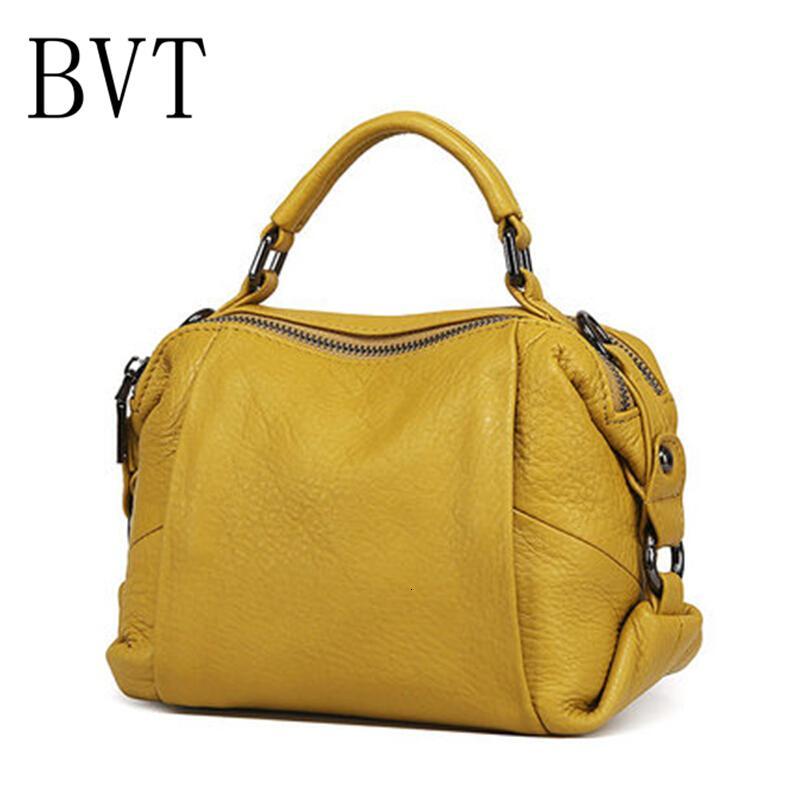 BVT牛皮包包女欧美新款波士顿枕头包真皮女士手拎包手提包单肩斜跨女包_7 黄色
