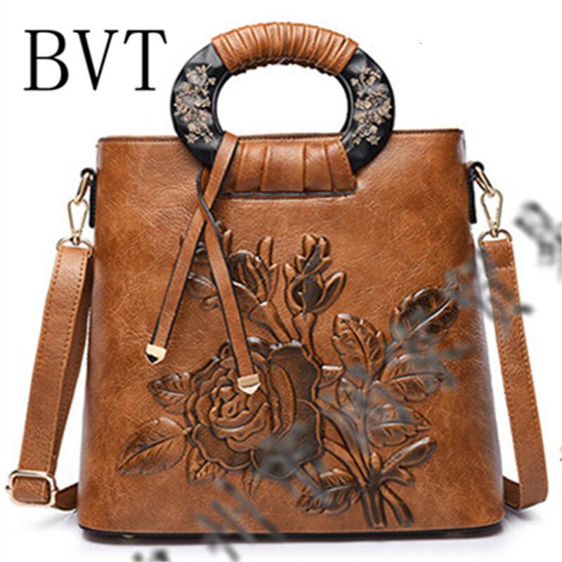 BVT牛皮手提大容量包包时尚大气妈妈包复古花朵托特中年女包_6 棕色
