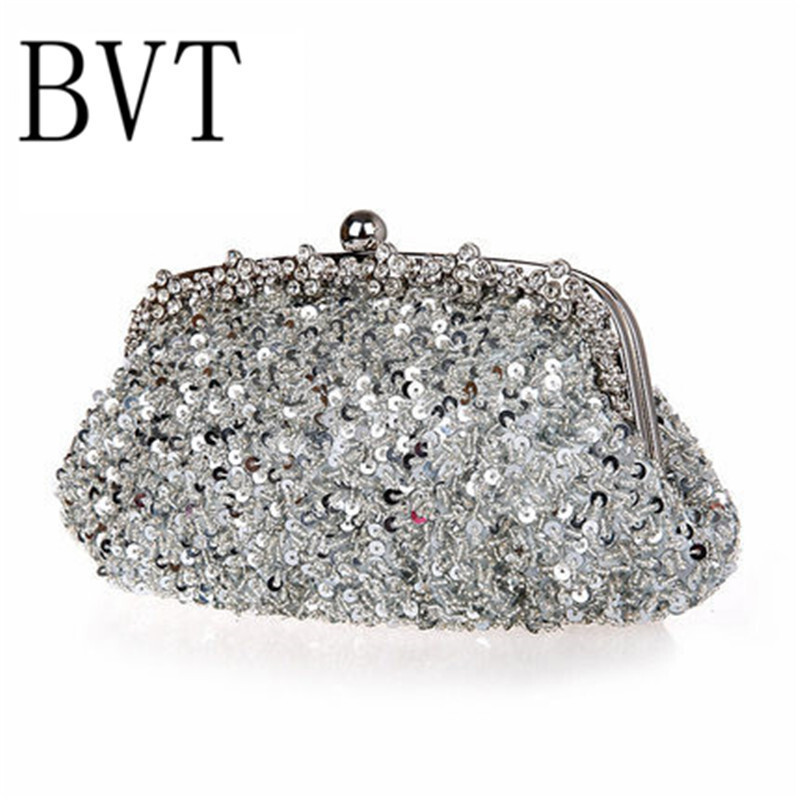 BVT亮片新娘包结婚包复古串珠旗袍包女包手拿钉珠手工包晚装包 银色