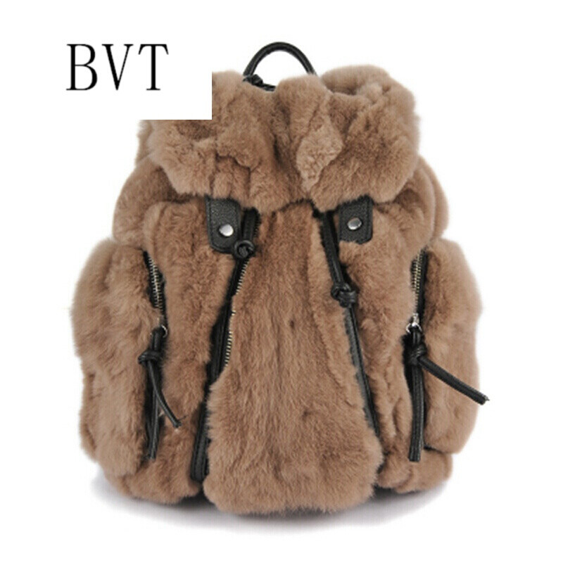 BVT獭兔毛双肩包女皮草真皮毛毛包学院风时尚女背包潮流百搭包 浅棕色