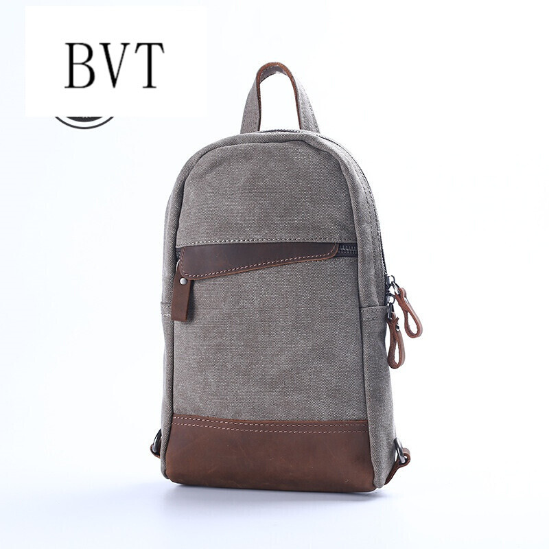BVT胸包新款时尚男帆布单肩斜挎包多功能胸前包大容量户外休闲背包潮 灰咖色